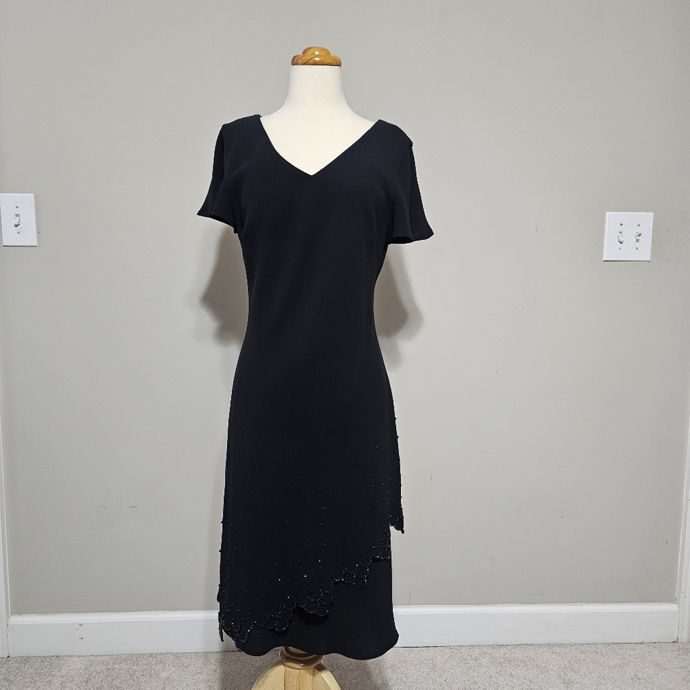 S.L. Fashions Black Beaded Midi Dress V-Neck Asymmetric Hem Short Sleeve Size 12